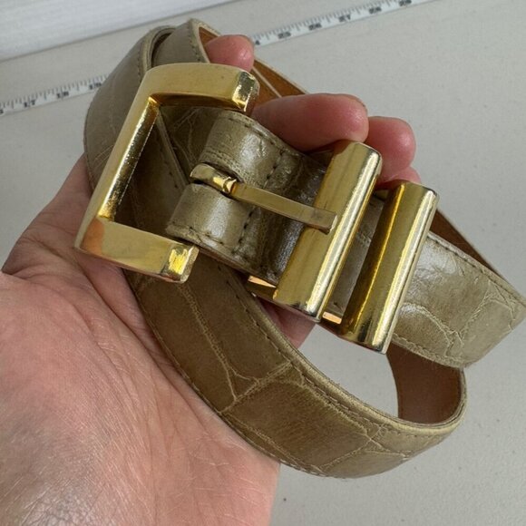 Vintage Genuine Leather Belt Beige Snakeskin textured Chunky Gold Buckle Size L - Picture 2 of 12